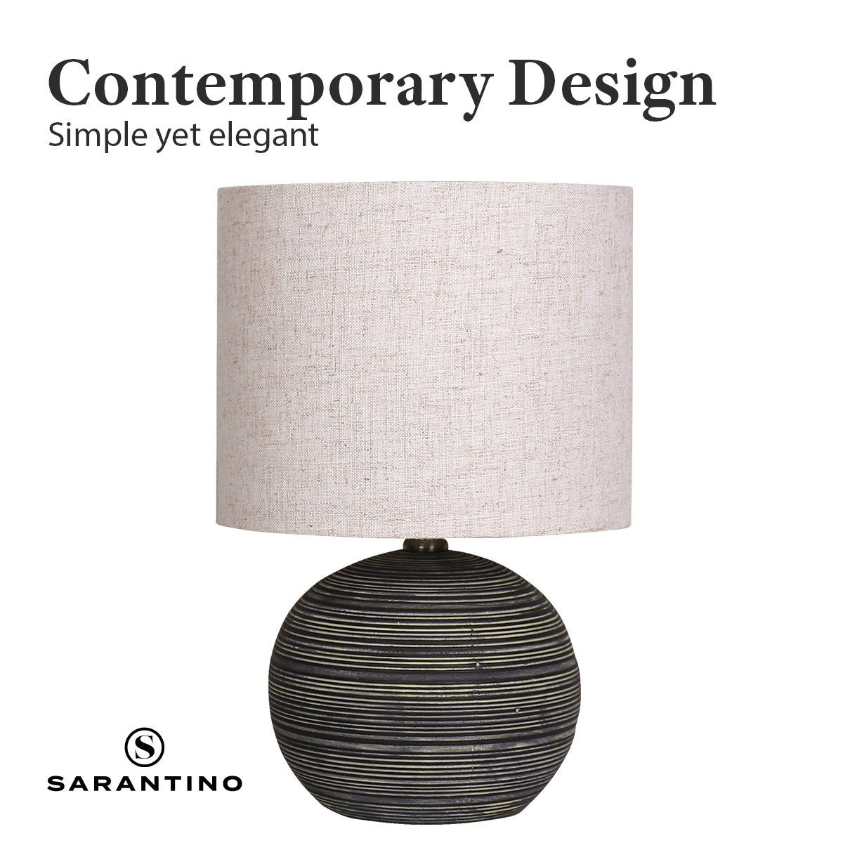 Sarantino Ceramic Table Lamp, Globe Base, Striped Pattern, Antique Black, Beige Shade - SuperSaverAU - view 2