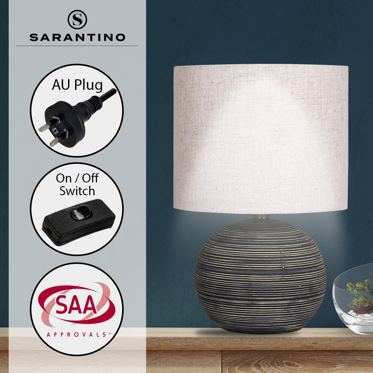 Sarantino Ceramic Table Lamp, Globe Base, Striped Pattern, Antique Black, Beige Shade - SuperSaverAU - view 5