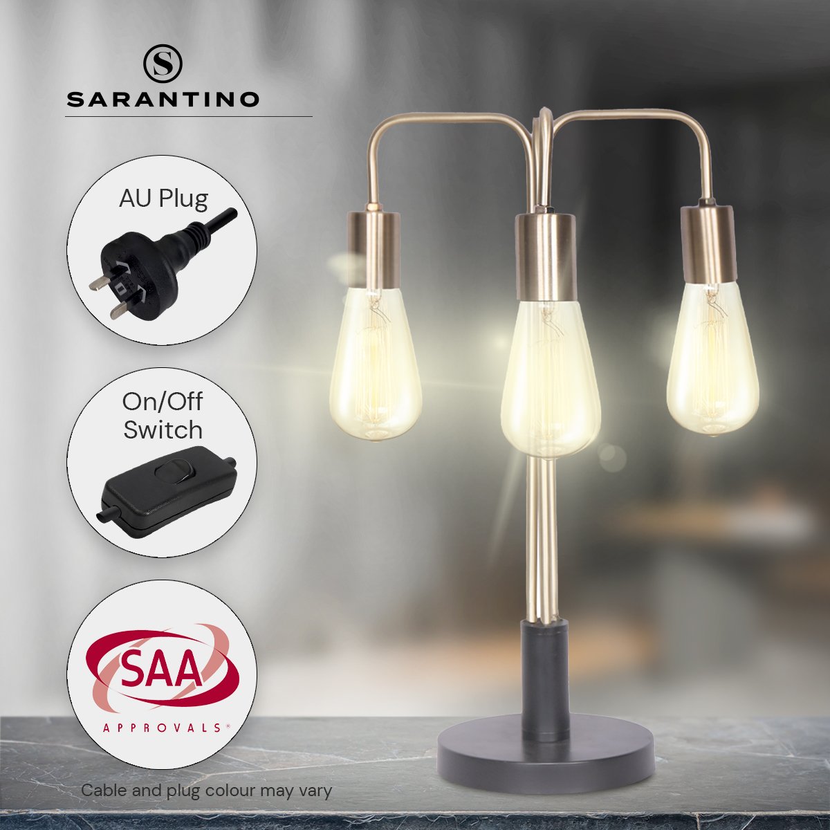 Sarantino Industrial Table Lamp 49cm with 3 Exposed Bulbs & Rotary Switch - SuperSaverAU - view 4