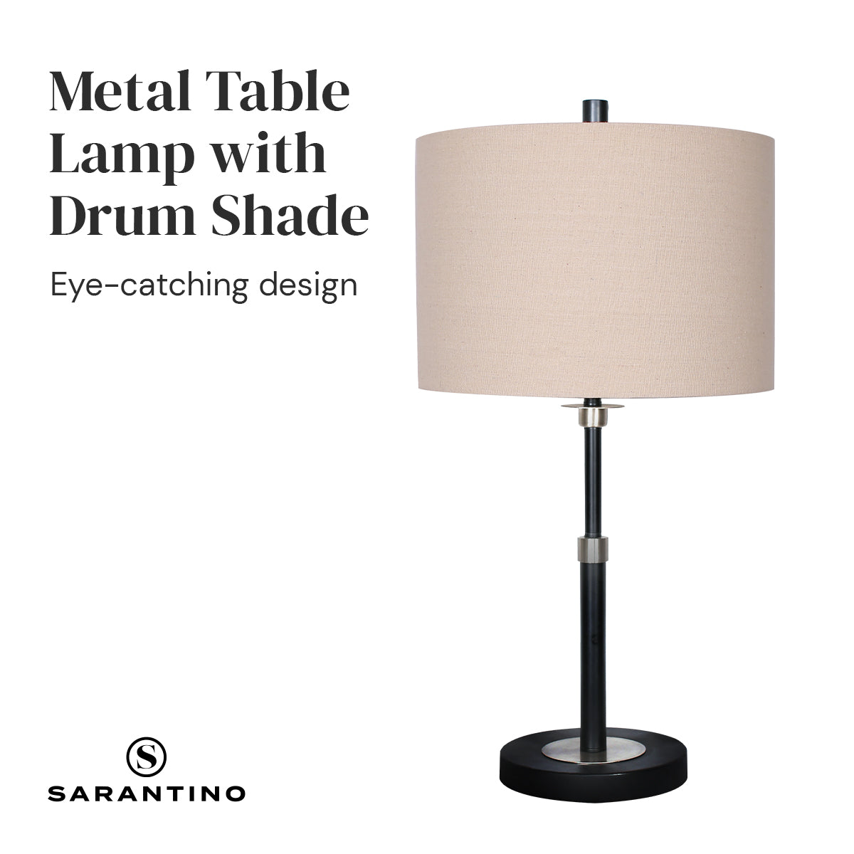 Sarantino Black Metal Table Lamp with Linen Shade - Elegant Design