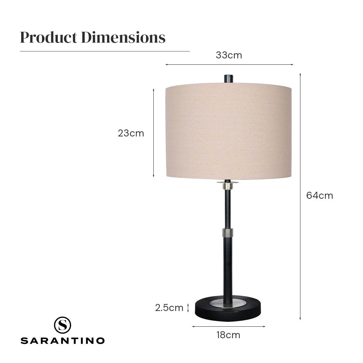 Sarantino Black Metal Table Lamp with Linen Shade - Elegant Design