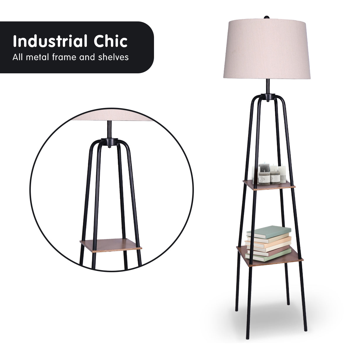 Sarantino Industrial Chic Floor Lamp with Wood Finish Shelves 41x41x155cm - SuperSaverAU - view 1