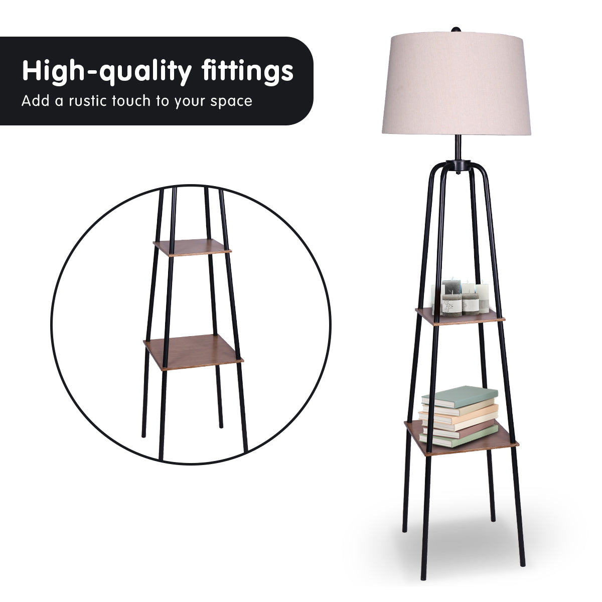 Sarantino Industrial Chic Floor Lamp with Wood Finish Shelves 41x41x155cm - SuperSaverAU - view 2