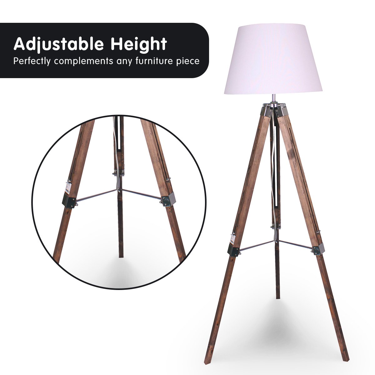 Sarantino Solid Wood Tripod Floor Lamp, Adjustable Height, White Shade, 65x65x145cm - SuperSaverAU - view 2