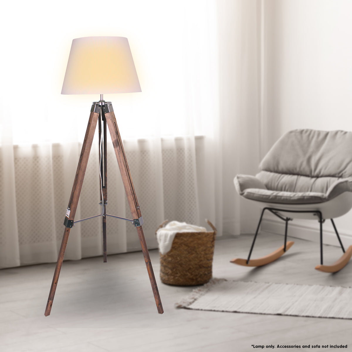 Sarantino Solid Wood Tripod Floor Lamp, Adjustable Height, White Shade, 65x65x145cm - SuperSaverAU - view 3