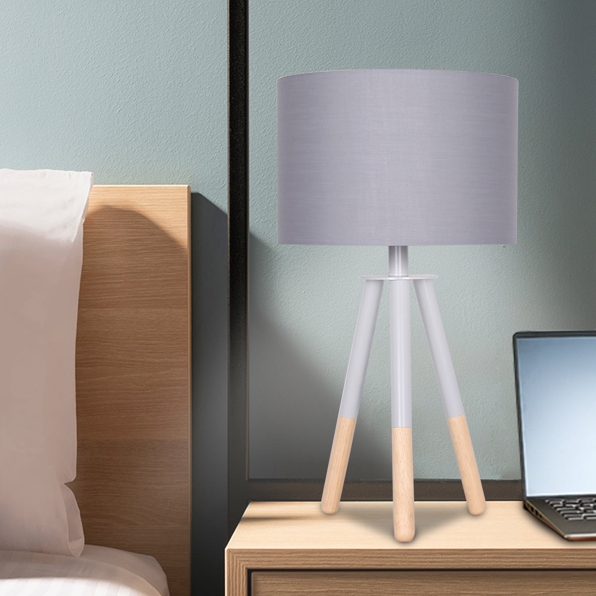 Sarantino Tripod Desk Lamp, 30.5x30.5x56.5cm, Metal & Wood, Grey Shade - SuperSaverAU - view 3