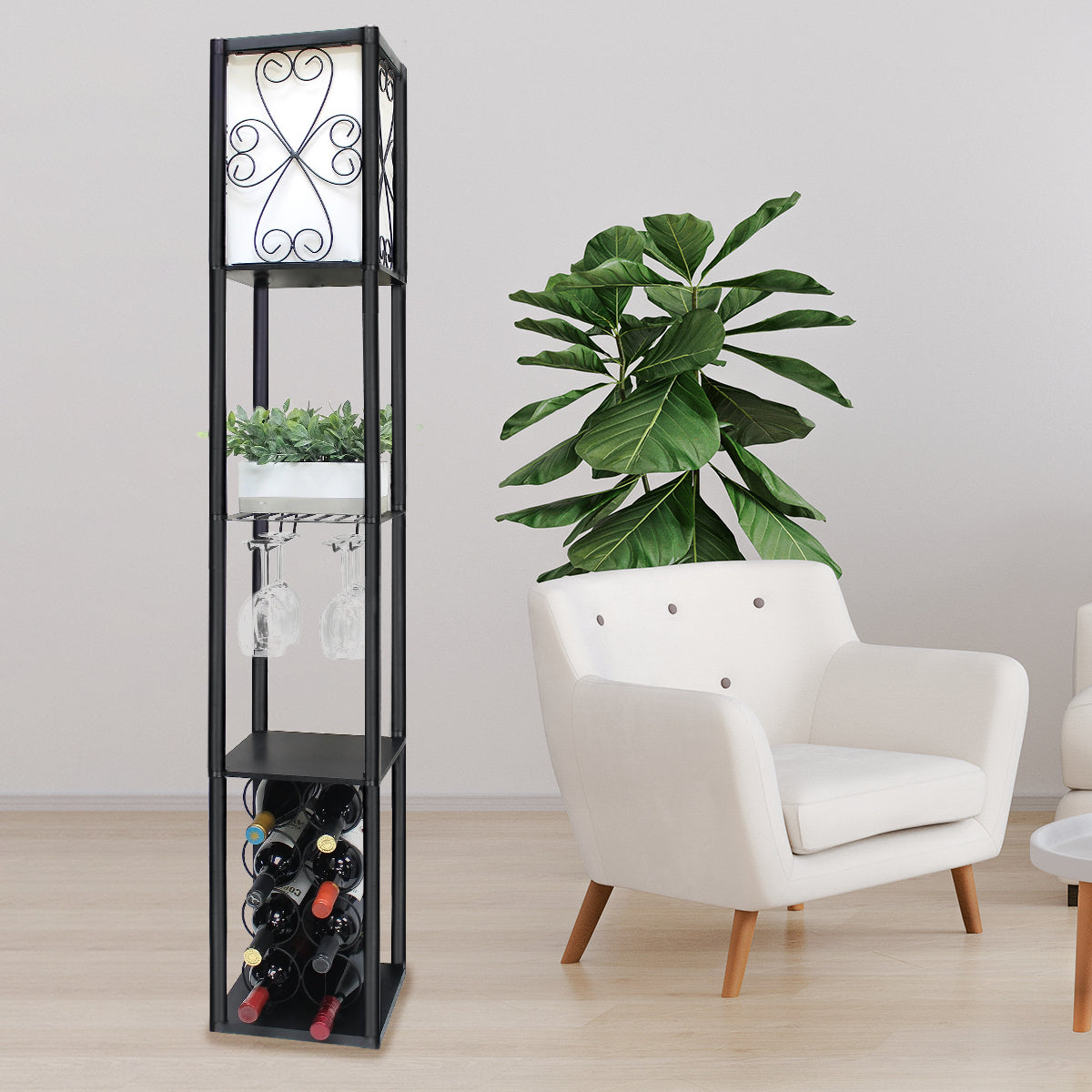 Sarantino Metal Etagere Floor Lamp with Wine Holder Shelf, 26 x 26 x 160cm - SuperSaverAU - view 2