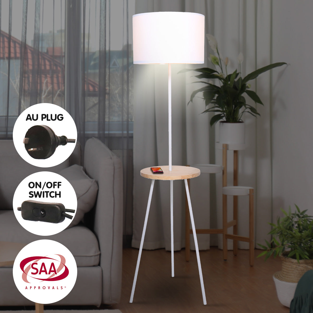 Sarantino Metal Tripod Floor Lamp with Wooden Table Shelf, 36 x 36 x 152cm - SuperSaverAU - view 3