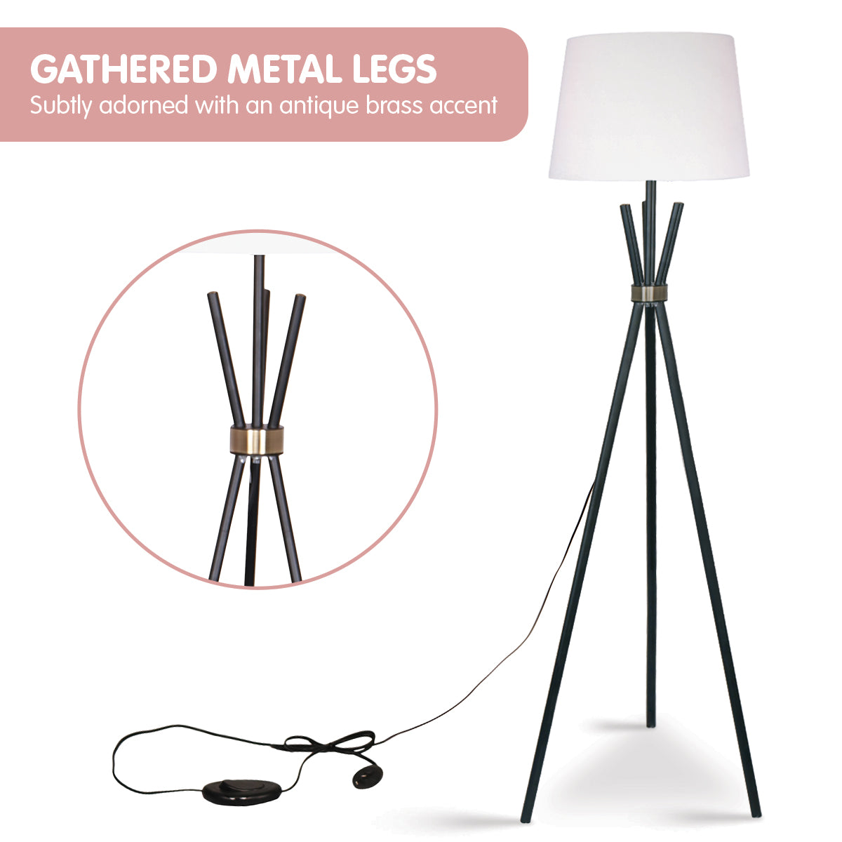 Sarantino Tripod Floor Lamp - Metal & Antique Brass with Off-White Shade