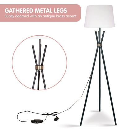 Sarantino Tripod Floor Lamp - Metal & Antique Brass with Off-White Shade