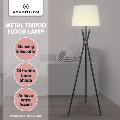 Sarantino Tripod Floor Lamp - Metal & Antique Brass with Off-White Shade