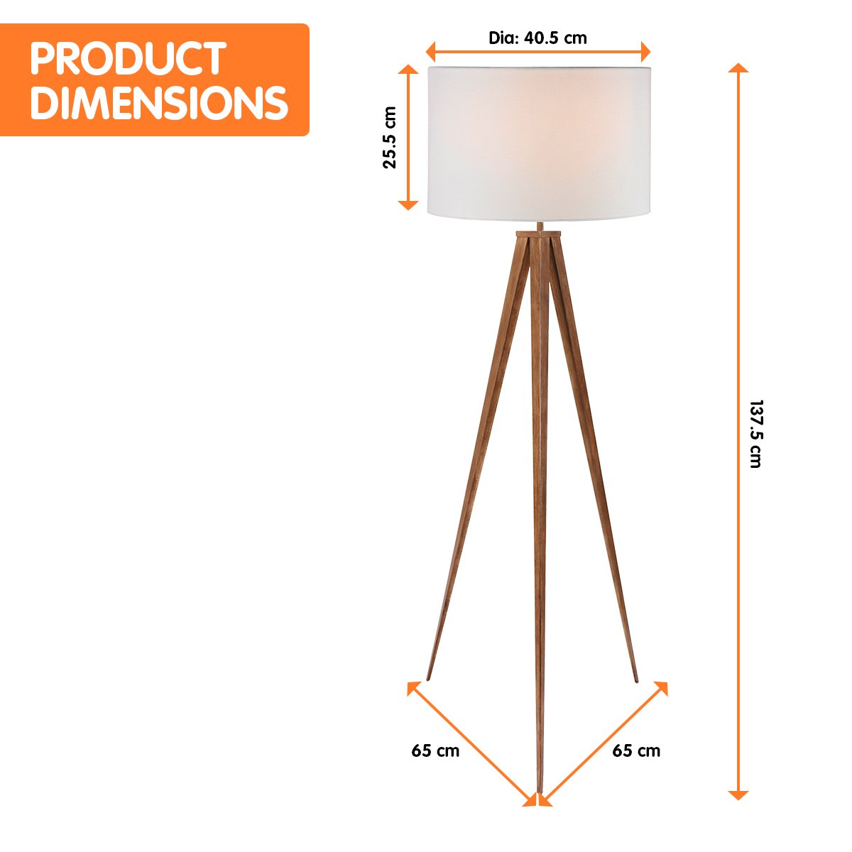 Sarantino Metal Tripod Floor Lamp with Wooden Finish & White Shade - SuperSaverAU - view 2