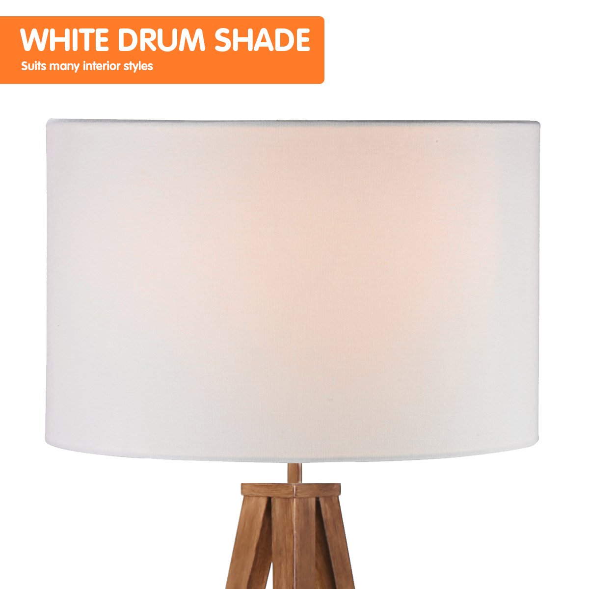 Sarantino Metal Tripod Floor Lamp with Wooden Finish & White Shade