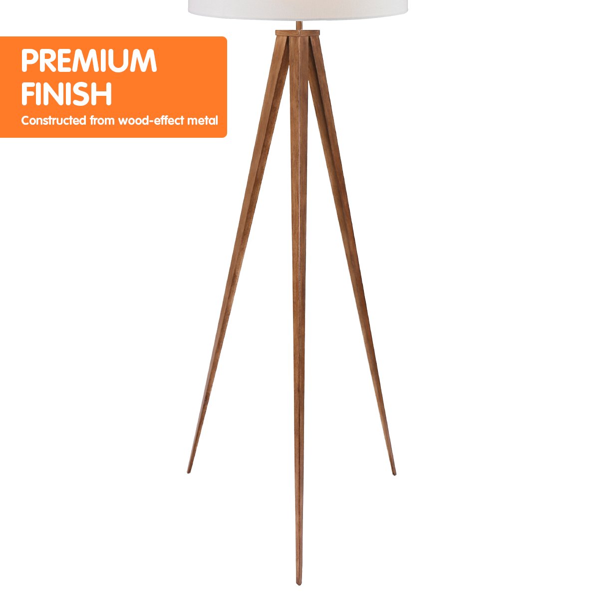 Sarantino Metal Tripod Floor Lamp with Wooden Finish & White Shade