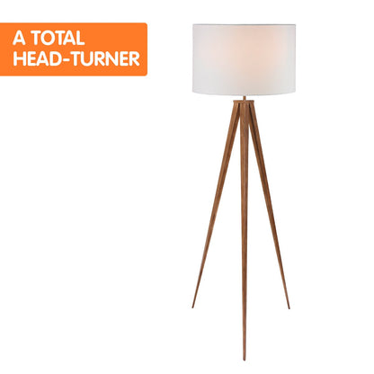 Sarantino Metal Tripod Floor Lamp with Wooden Finish & White Shade