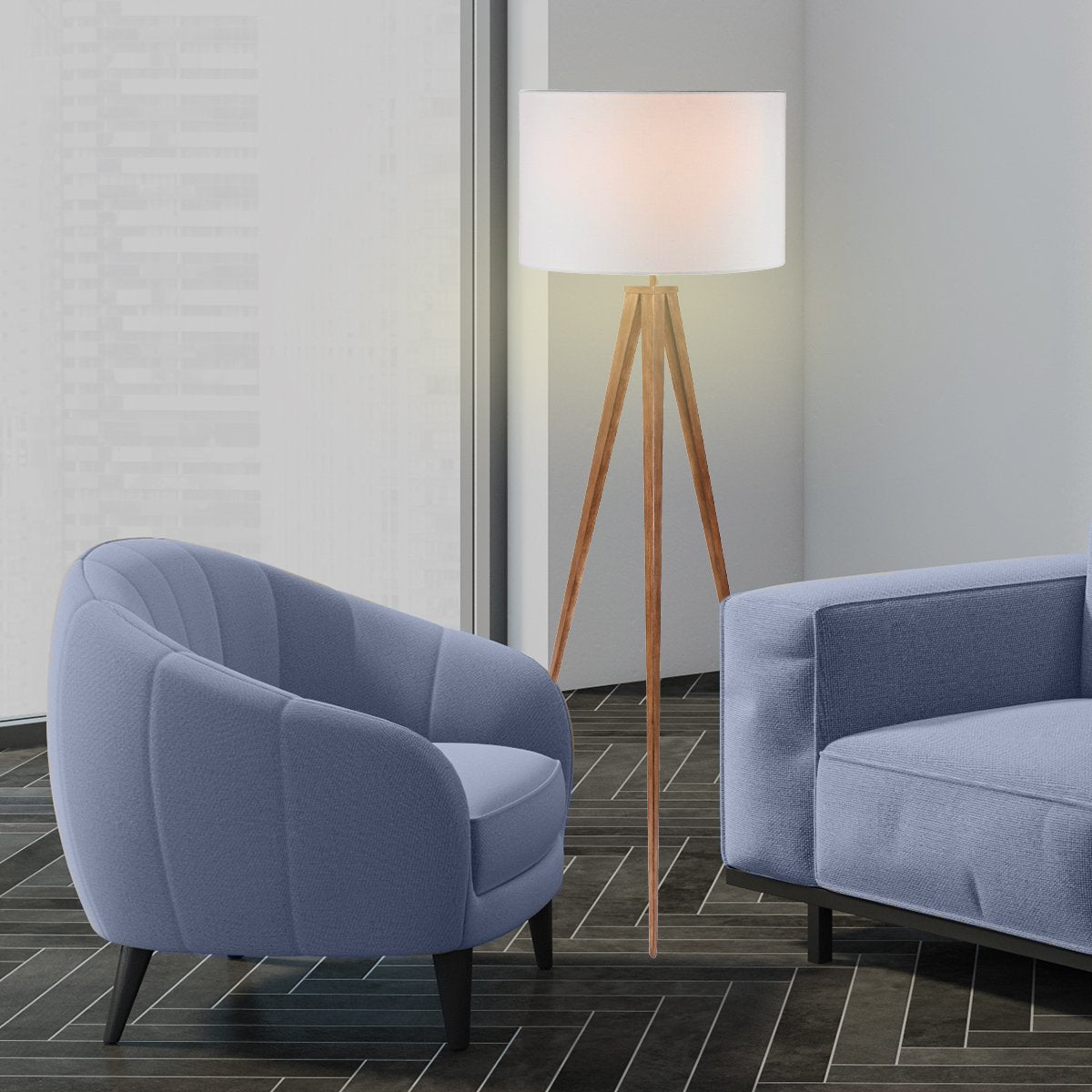 Sarantino Metal Tripod Floor Lamp with Wooden Finish & White Shade