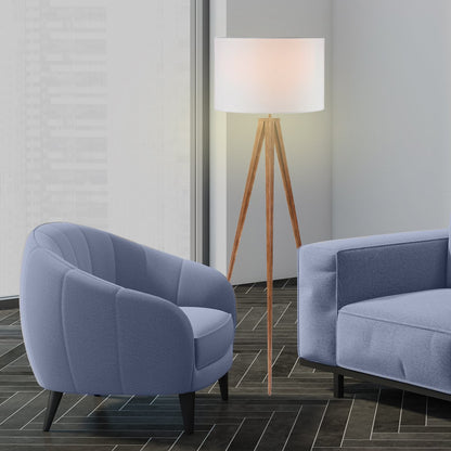 Sarantino Metal Tripod Floor Lamp with Wooden Finish & White Shade