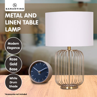 Sarantino Rose Gold Table Lamp with Linen Drum Shade - Elegant Design