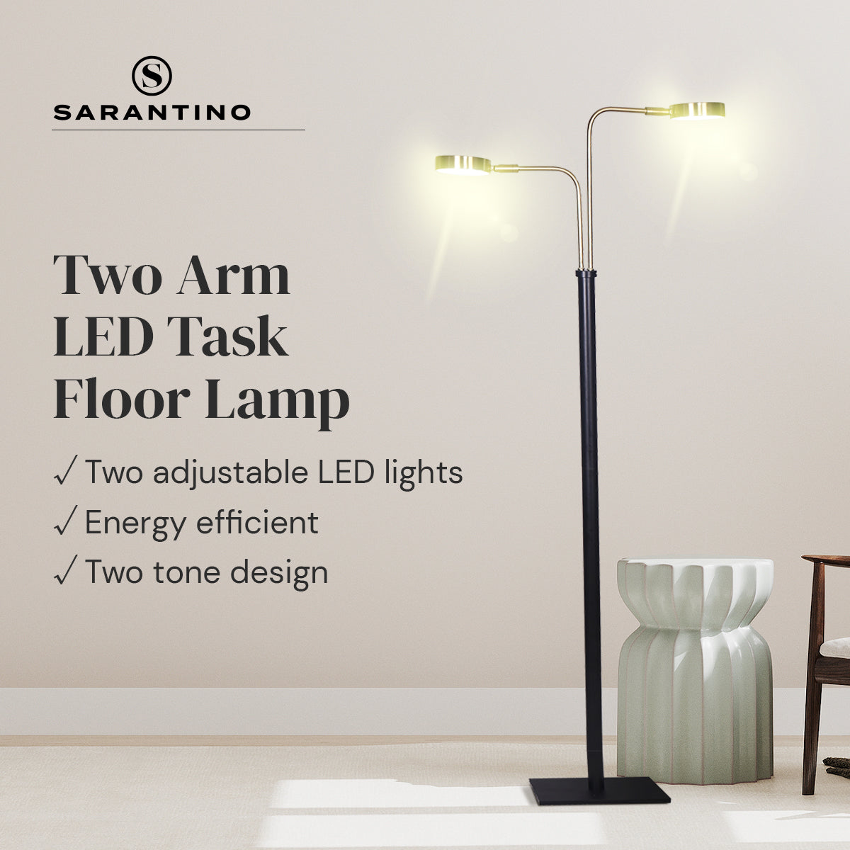 Sarantino LED Floor Lamp, 2 Adjustable Lights, Brushed Gold & Black, 51 x 148cm - SuperSaverAU - view 7