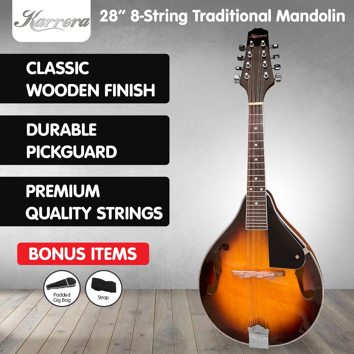 Karrera Traditional Sunburst Mandolin with Gig Bag and Strap