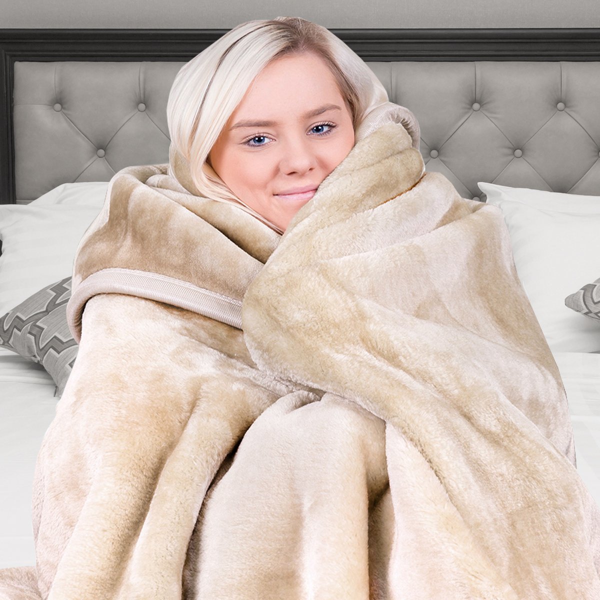 Laura Hill Faux Mink Blanket Double-Sided 600GSM Queen Size Beige - SuperSaverAU - view 3
