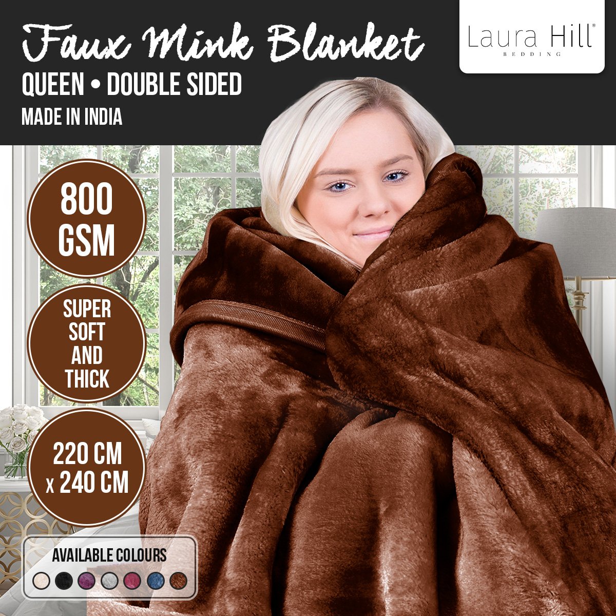 Laura Hill Faux Mink Blanket 800GSM Double-Sided 220x240cm - Chocolate - SuperSaverAU - view 3