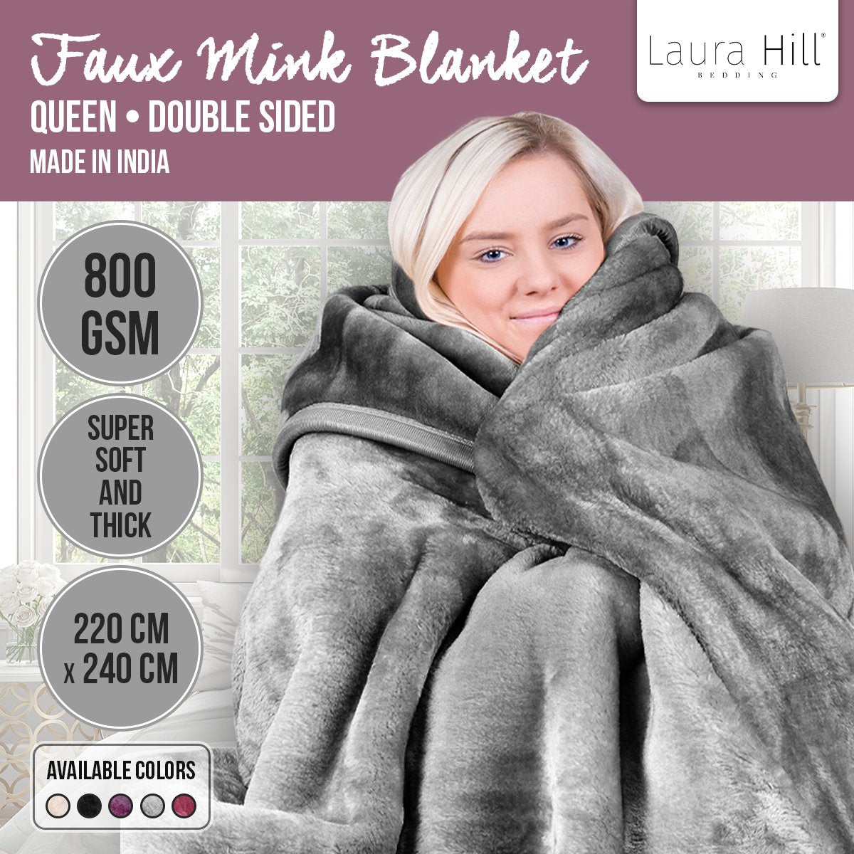Laura Hill Double-Sided Faux Mink Blanket 220x240cm 800gsm Heavy Silver - SuperSaverAU - view 5