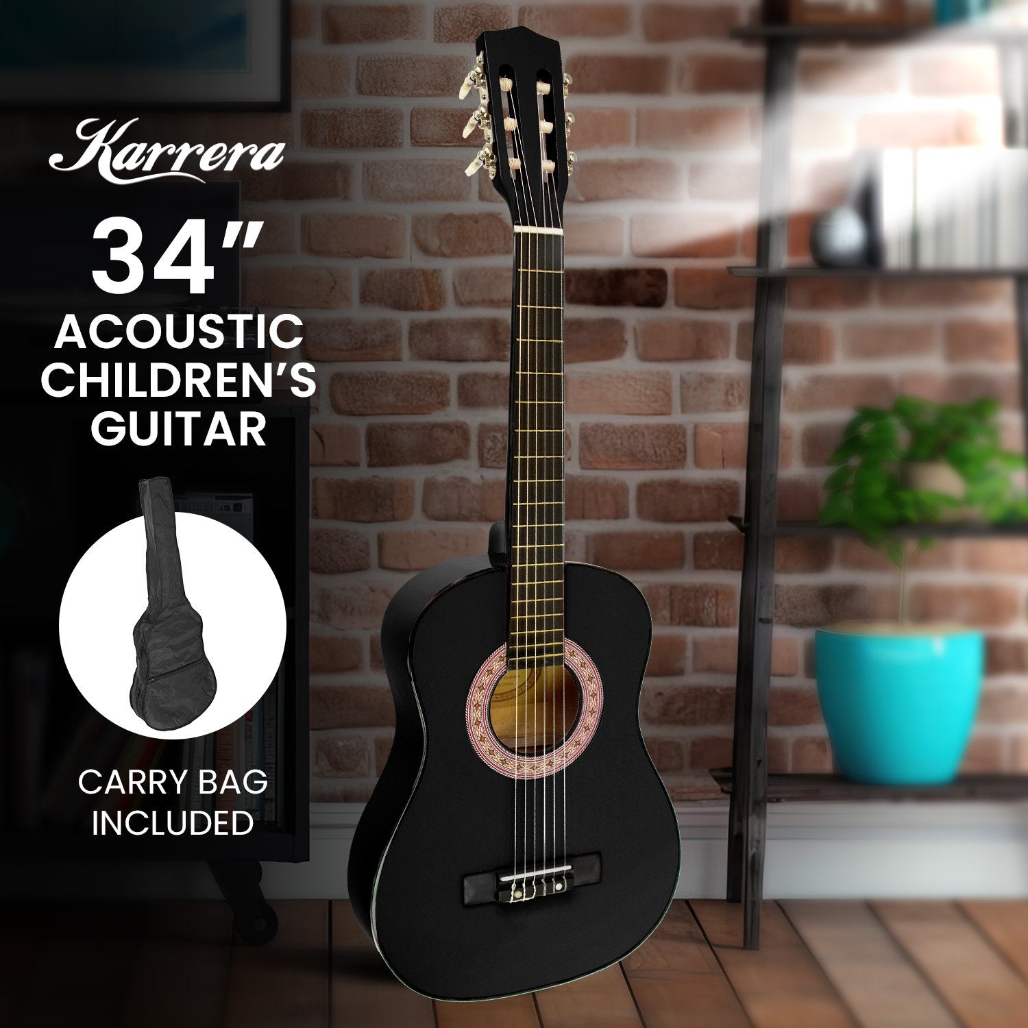 Karrera 34in Children's Wooden Acoustic Guitar - Black