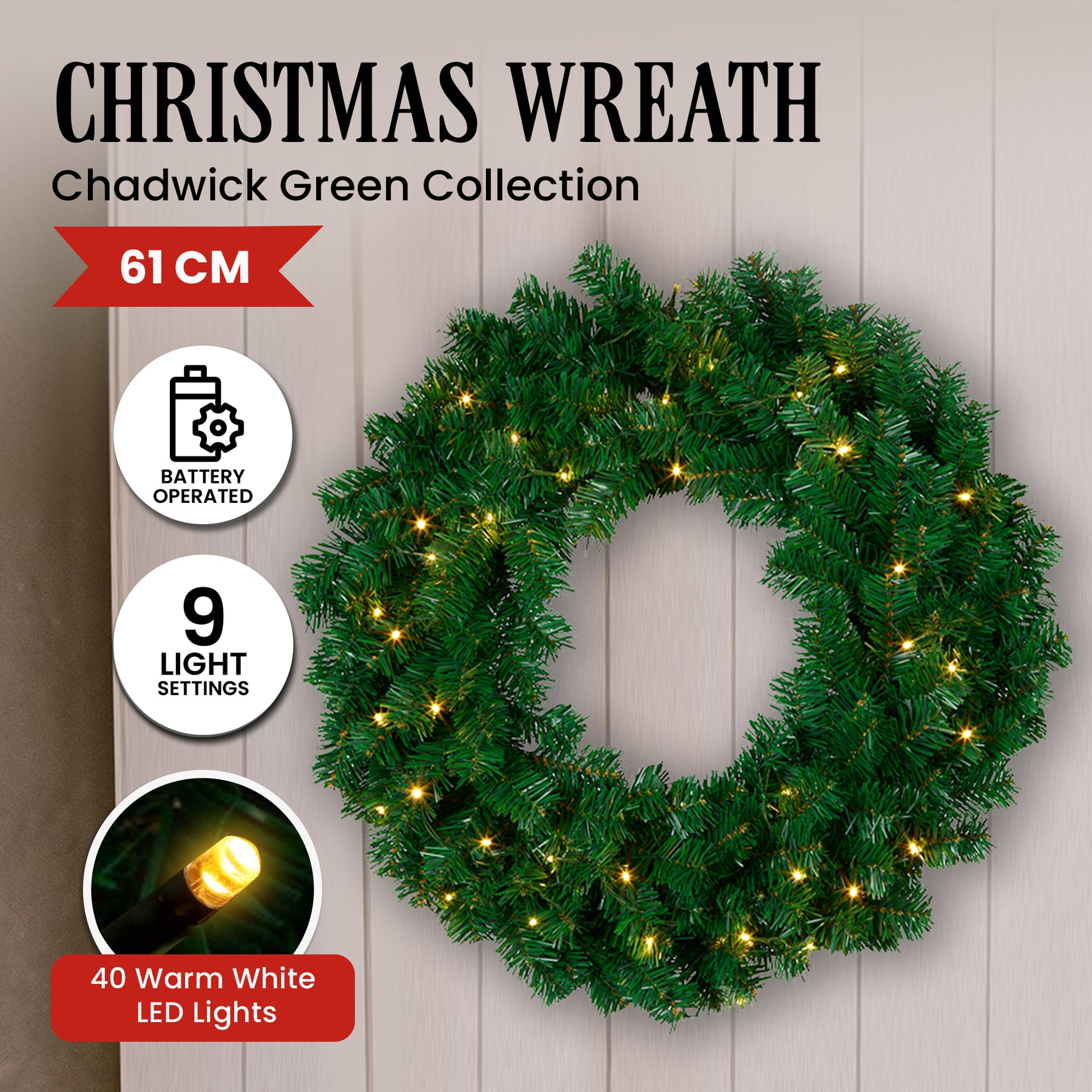 Christabelle 61cm Christmas Wreath with 40 LED Lights & 9 Functions - SuperSaverAU - view 1