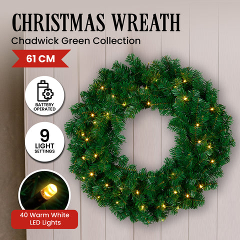 Christabelle 61cm Christmas Wreath with 40 LED Lights & 9 Functions - SuperSaverAU - view 1