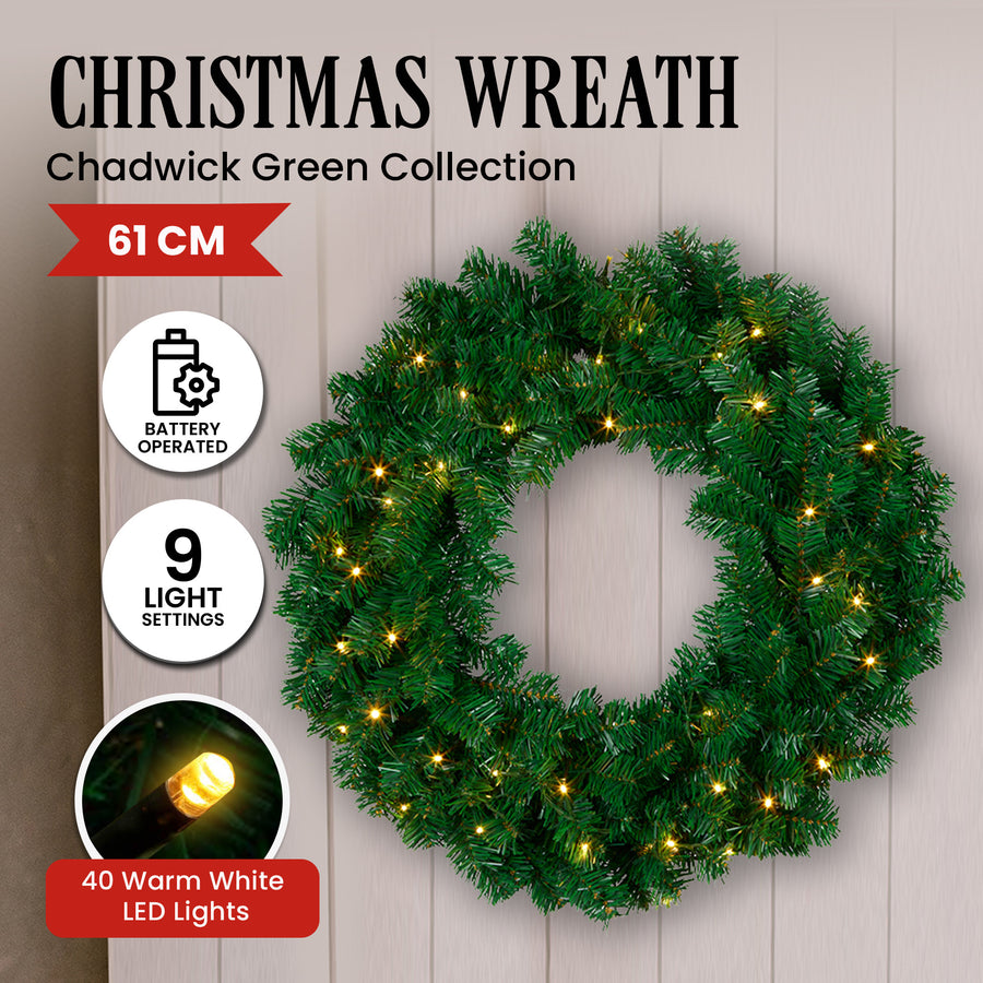 Christabelle 61cm Christmas Wreath with 40 LED Lights & 9 Functions - SuperSaverAU - view 1