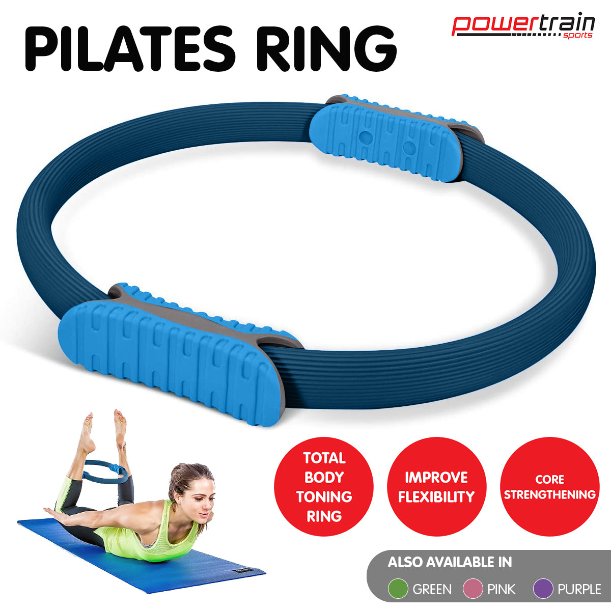 Powertrain Pilates Ring Band Yoga Home Workout Exercise Band Blue - SuperSaverAU - view 9