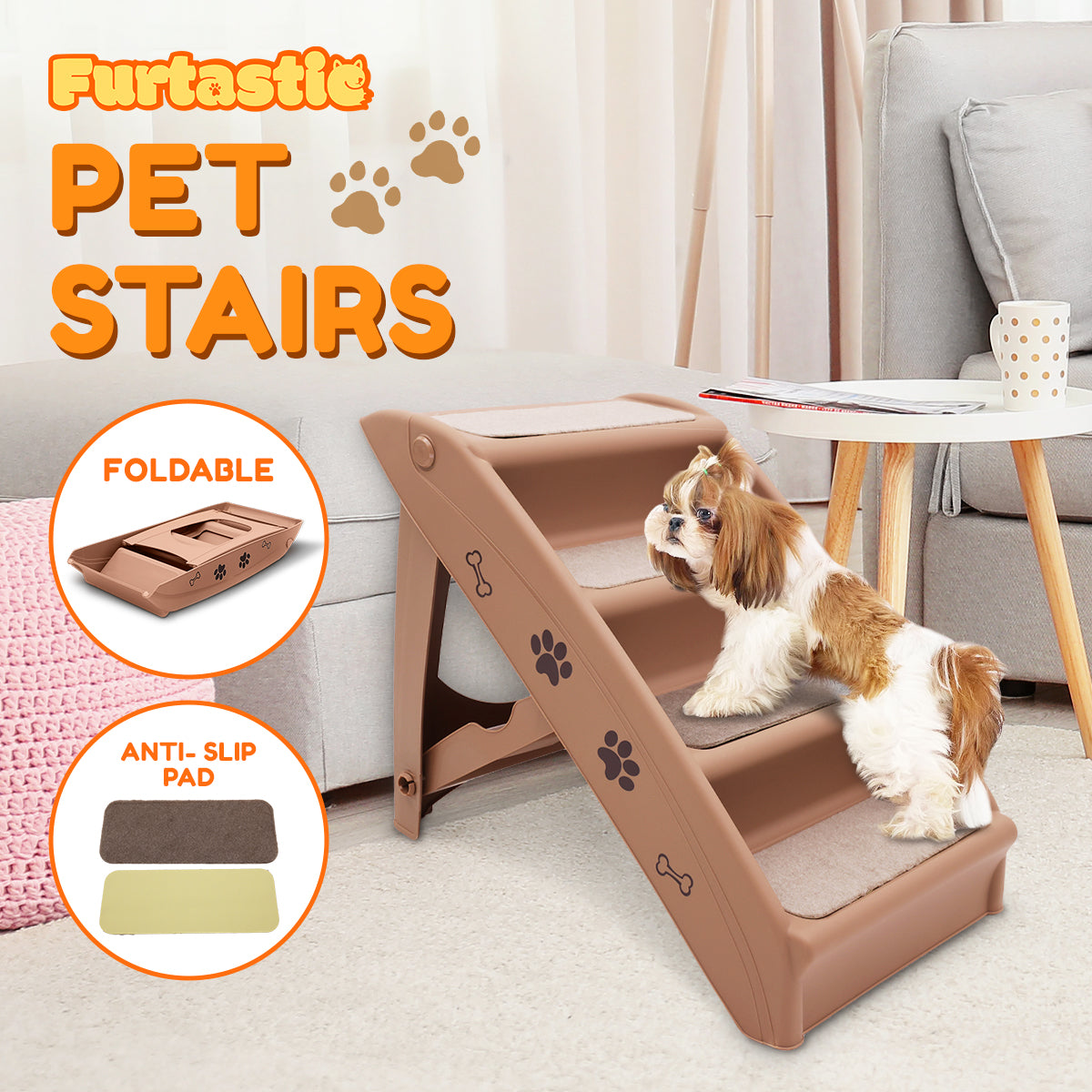 Furtastic 50cm Foldable Pet Stairs - Sturdy, Non-Slip, Easy to Store - Brown
