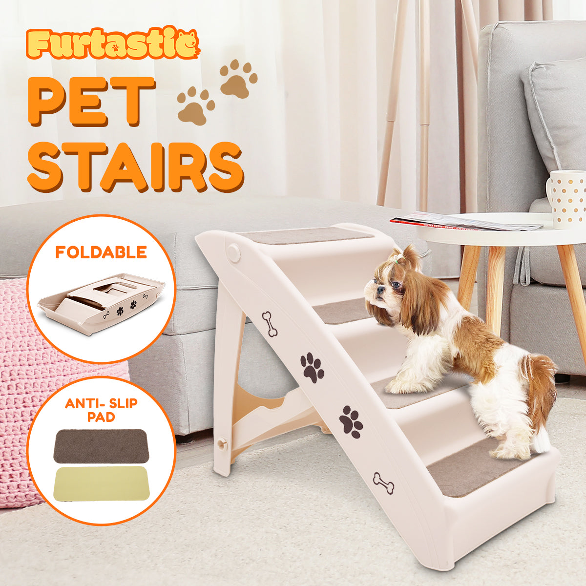 Furtastic Pet Stairs - 50cm Foldable Dog Ladder with Non-Slip Mat, White
