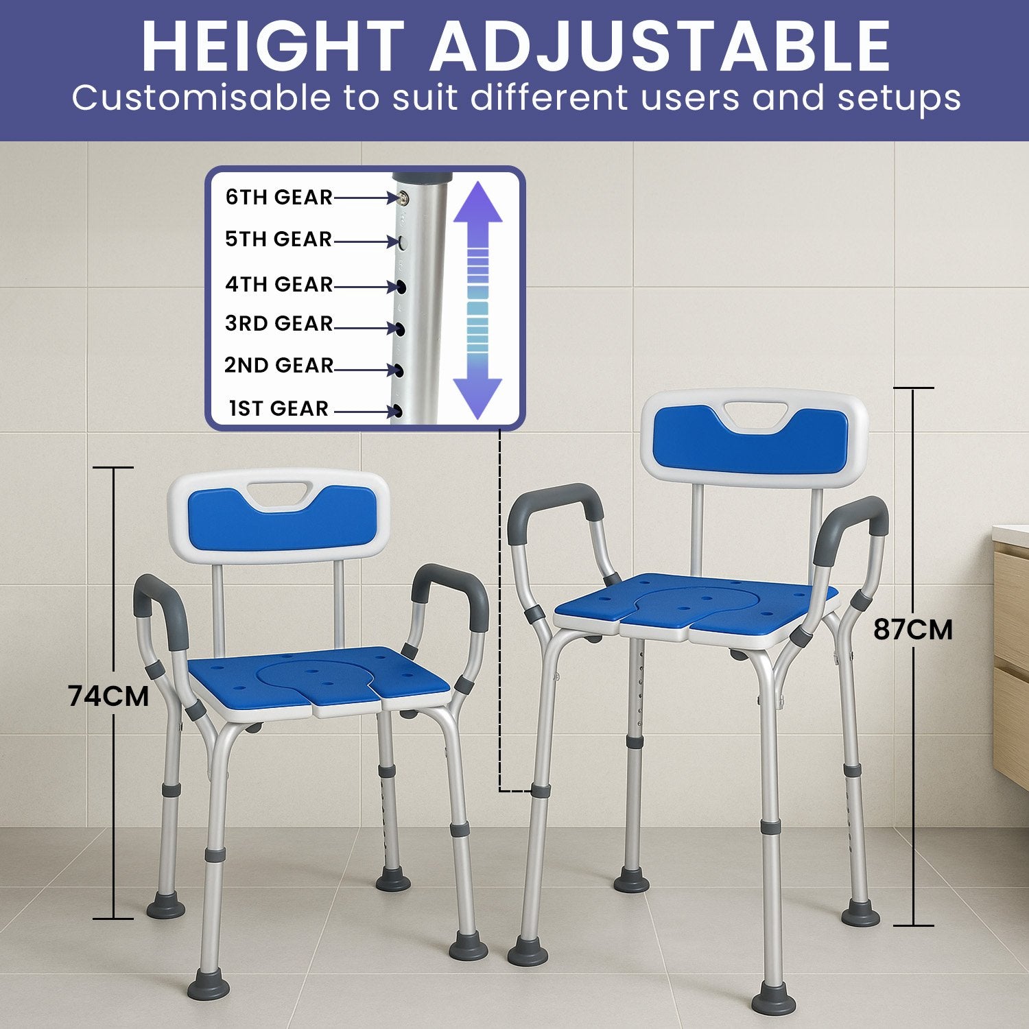 Orthonica Height-Adjustable Aluminium Commode Shower Chair - SuperSaverAU - view 6