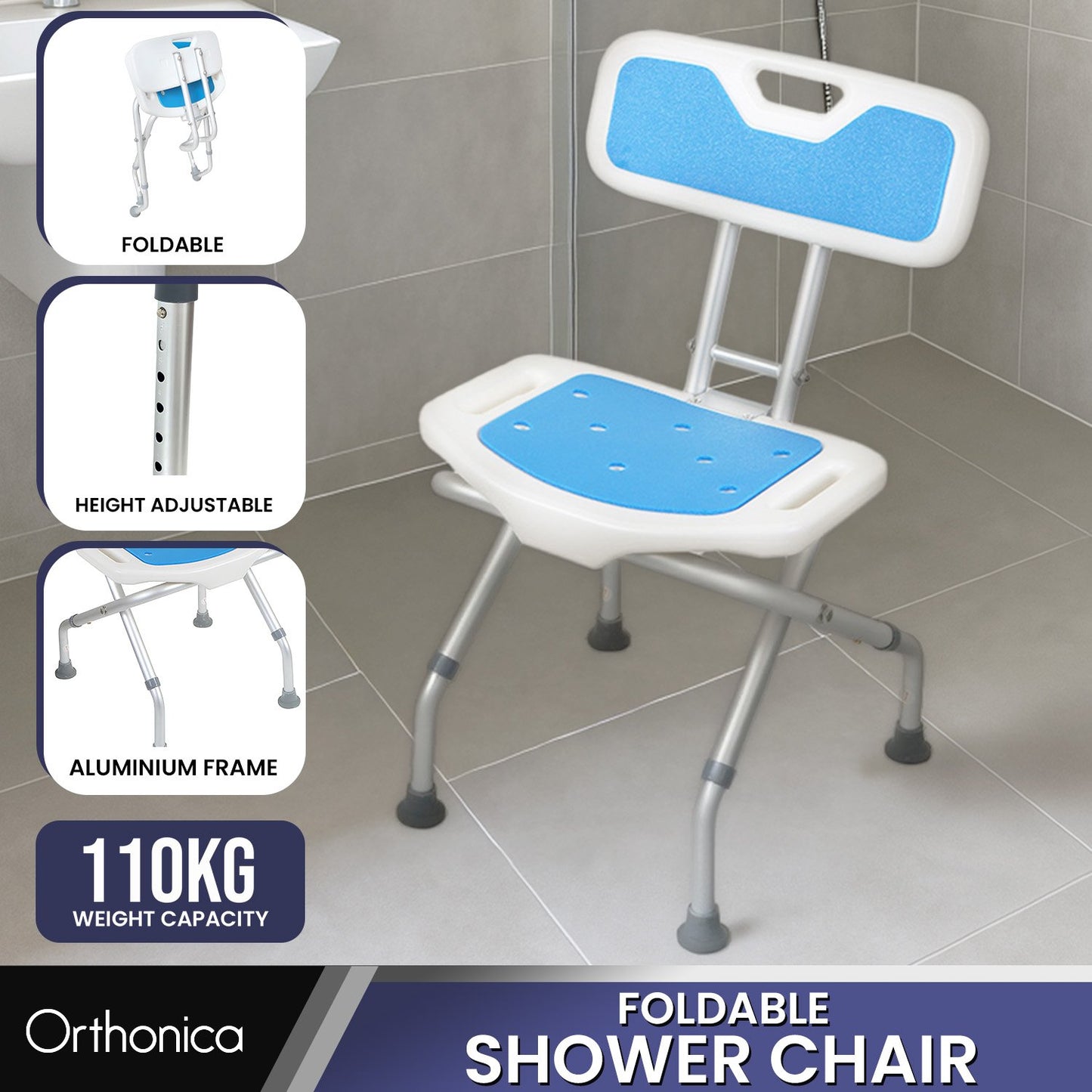 Orthonica Compact Foldable Commode Shower Chair - Adjustable Aluminium Frame