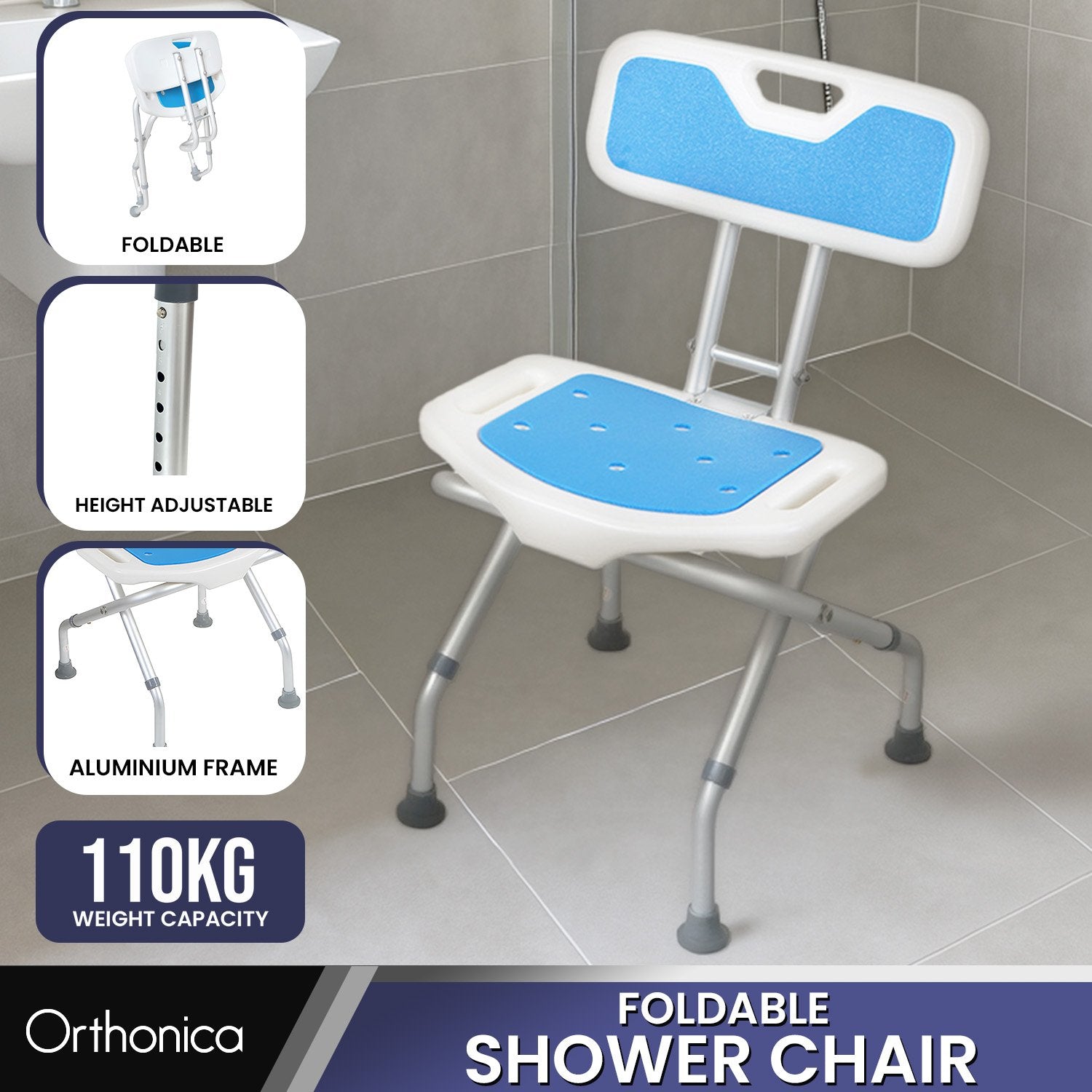 Orthonica Compact Foldable Commode Shower Chair - Adjustable Aluminium Frame - SuperSaverAU - view 2