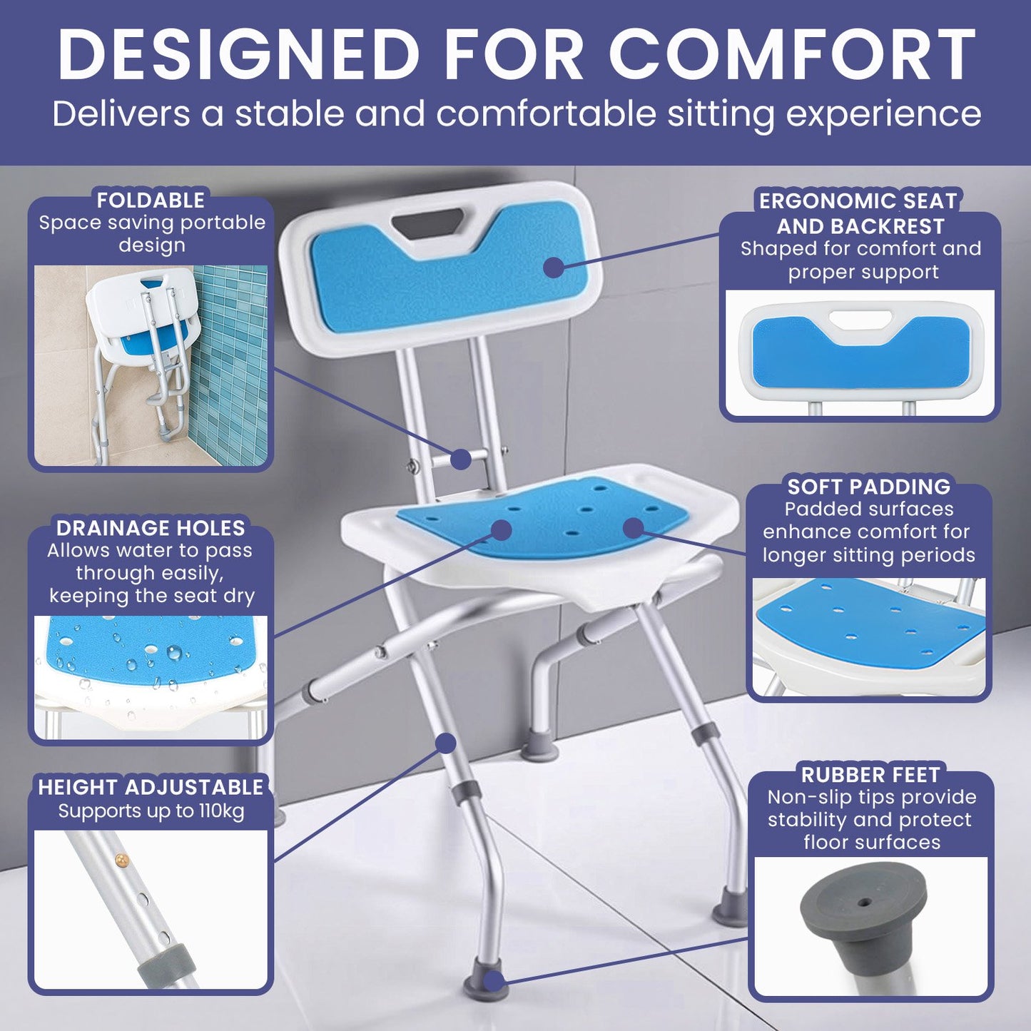 Orthonica Compact Foldable Commode Shower Chair - Adjustable Aluminium Frame