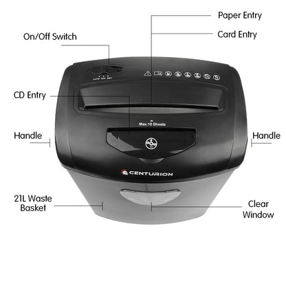 Centurion 21L Cross-Cut Shredder, 10-Sheet, Paper, CD & Credit Card Shredding