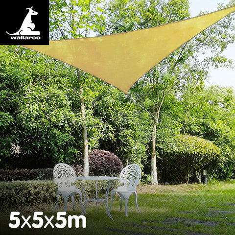Wallaroo Shade Sail 5m Triangle - Desert Sand, UV Block, Breathable Fabric - SuperSaverAU - view 1