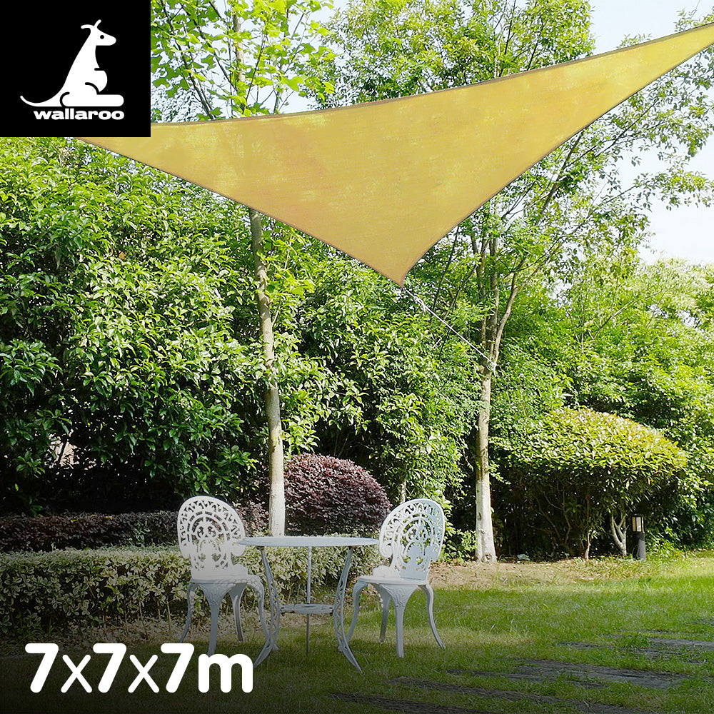 Wallaroo Outdoor Sun Shade Sail Canopy with UV-Stabilised Fabric - Sand, Triangle 7m x 7m x 7m