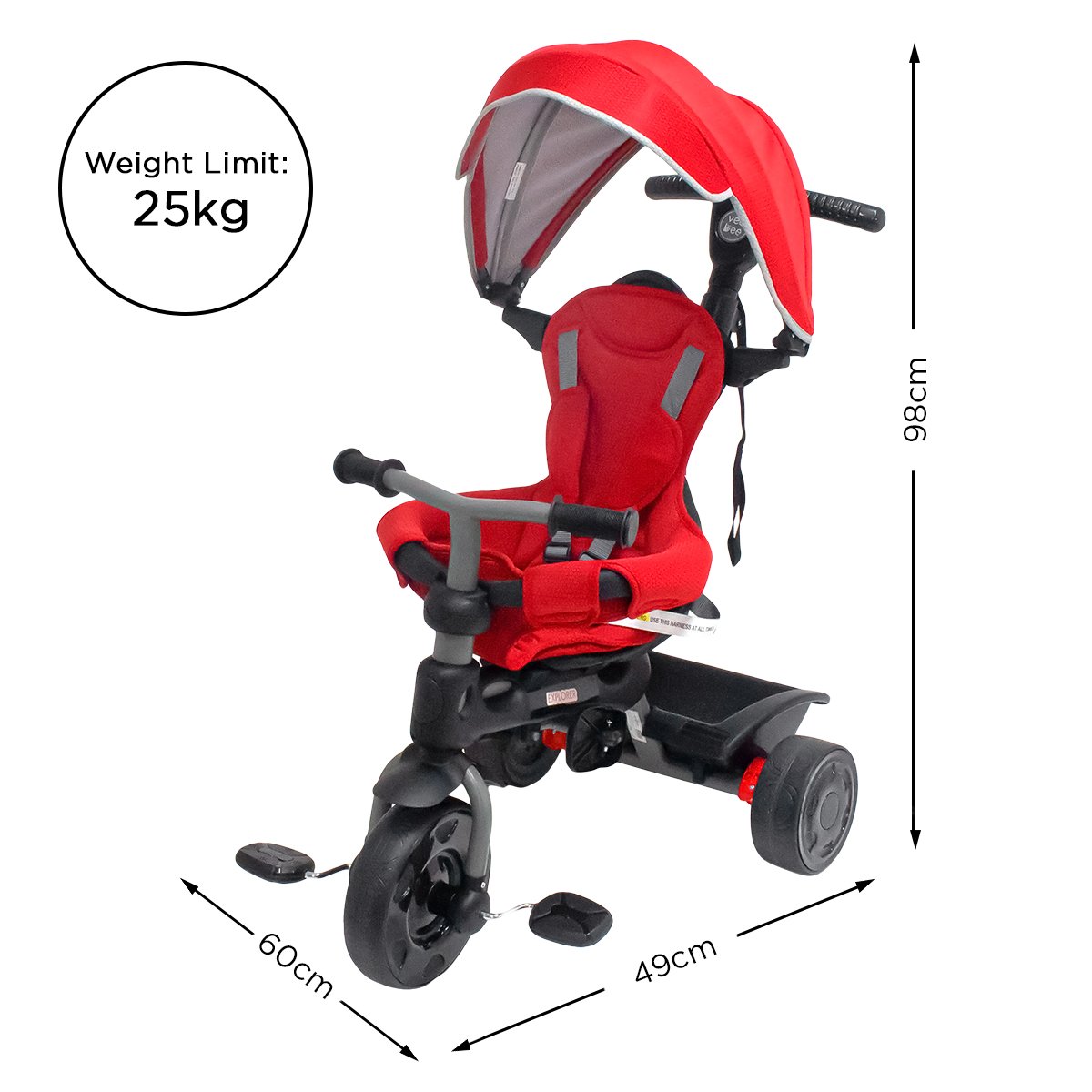 Veebee Explorer 3-Stage Kids Trike with Canopy, Safety Features, Red - SuperSaverAU - view 2