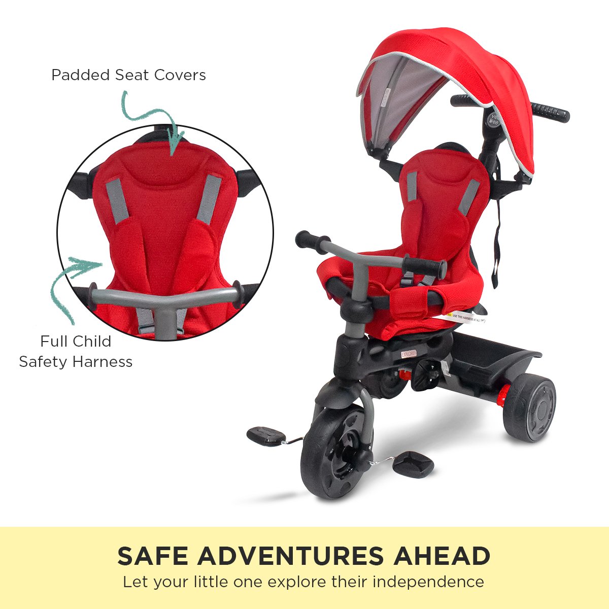 Veebee Explorer 3-Stage Kids Trike with Canopy, Safety Features, Red - SuperSaverAU - view 5