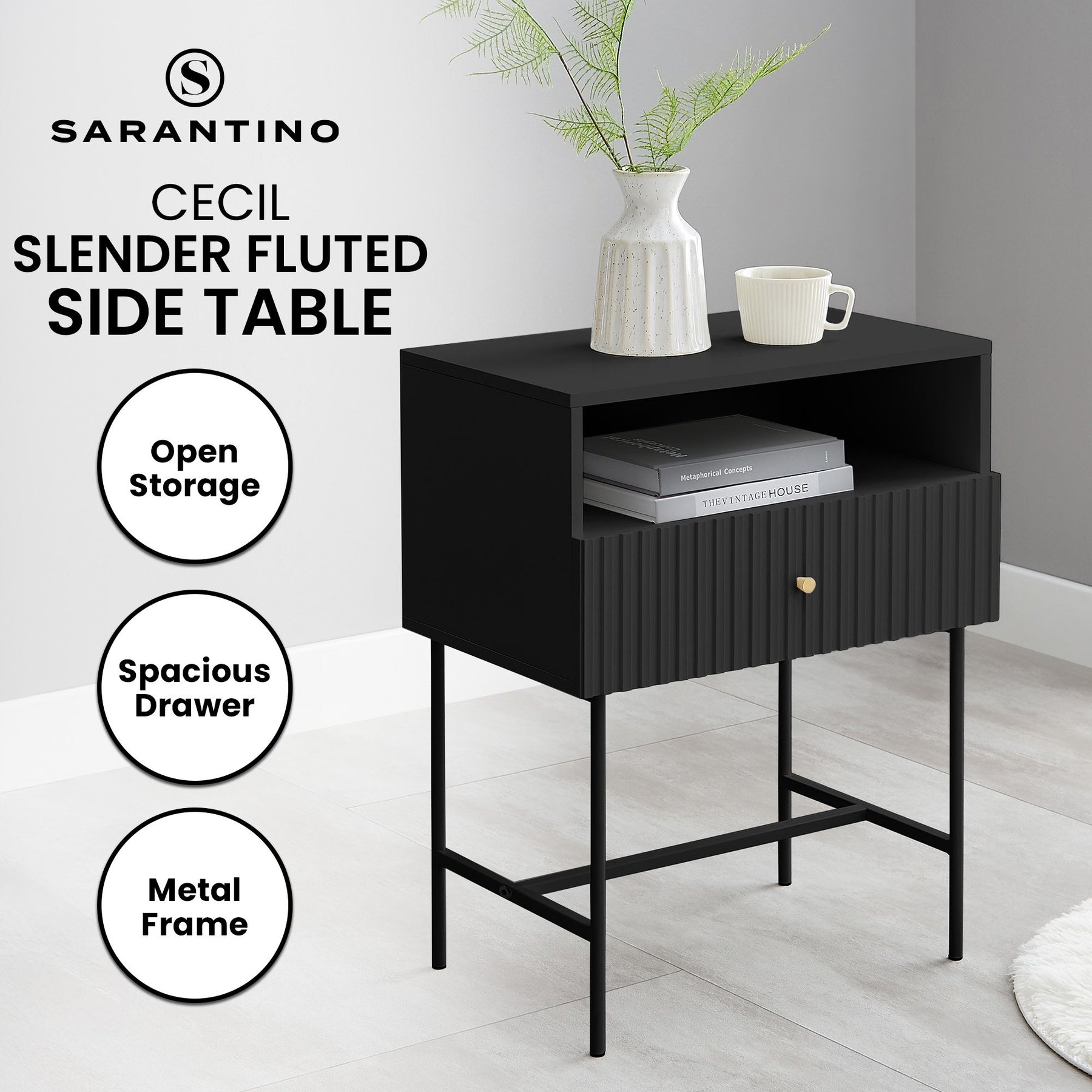 Sarantino Cecil Black Slender Fluted Bedside Table - SuperSaverAU - view 3