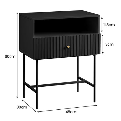 Sarantino Cecil Black Slender Fluted Bedside Table
