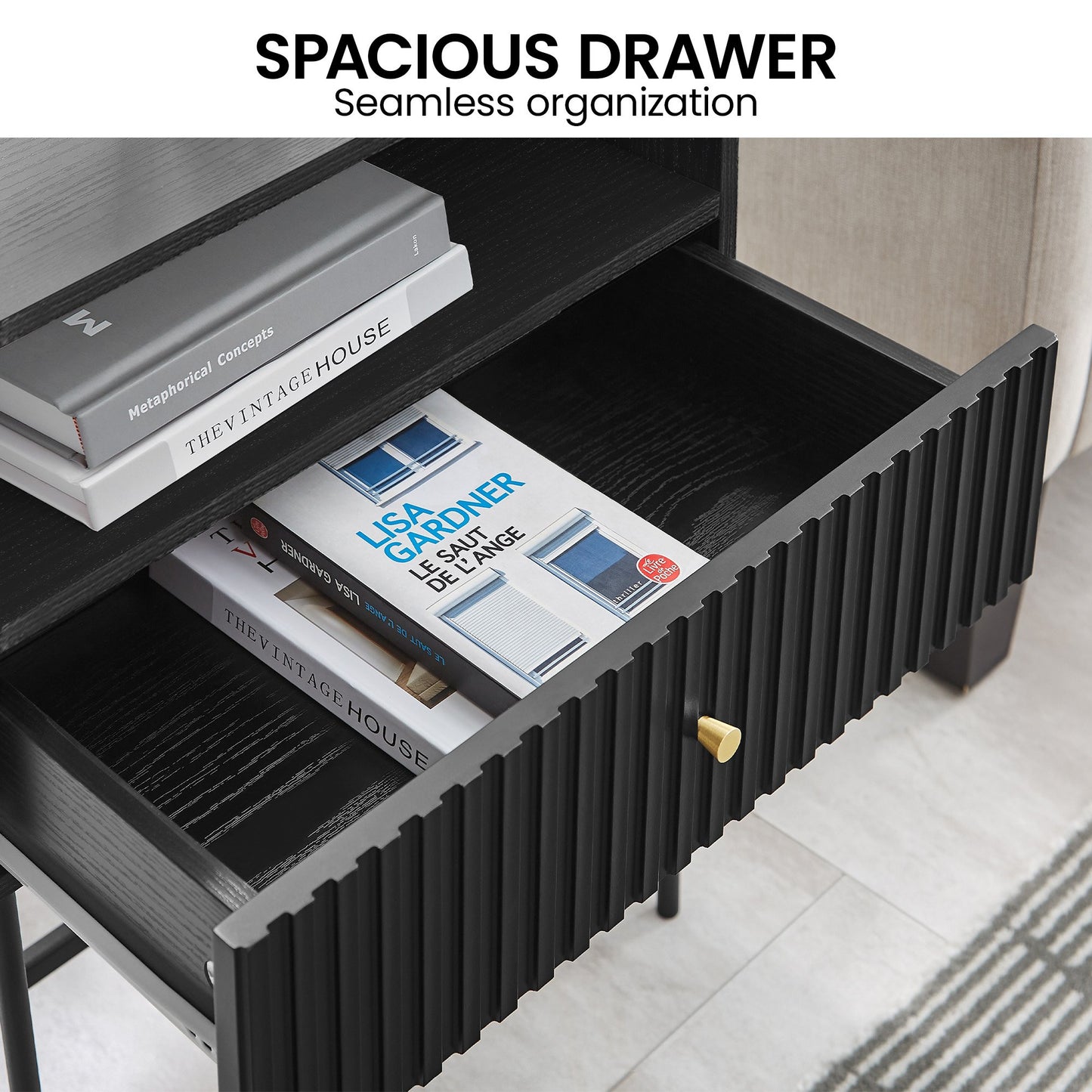 Sarantino Cecil Black Slender Fluted Bedside Table