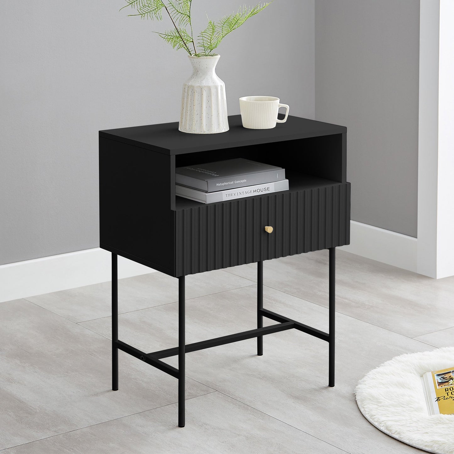 Sarantino Cecil Black Slender Fluted Bedside Table