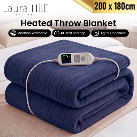 Laura Hill XL Electric Heated Blanket Throw – Blue 200 x 180cm, 10 Heat Settings