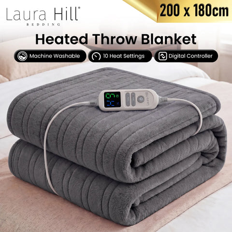 Laura Hill XL Electric Heated Blanket Throw – Grey 200 x 180cm, 10 Heat Settings