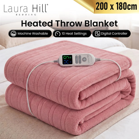Laura Hill XL Electric Heated Blanket Throw – Pink 200 x 180cm, 10 Heat Settings